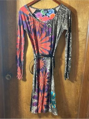 Desigual Sz XS Multicolor Floral & Snake-Print Long Sleeve Dress Boho Festival